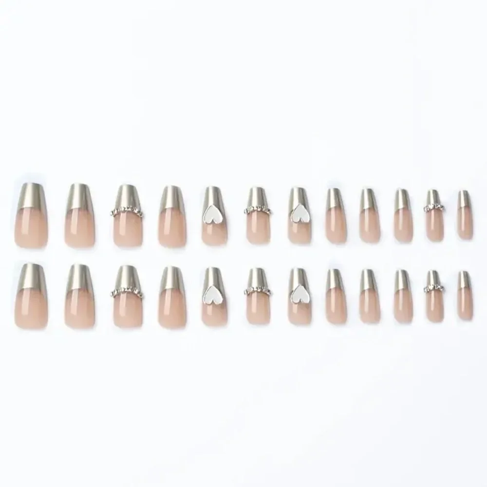 NWT Press On Nails French 3D Hearts & Rhinestone Coffin Fake Nails